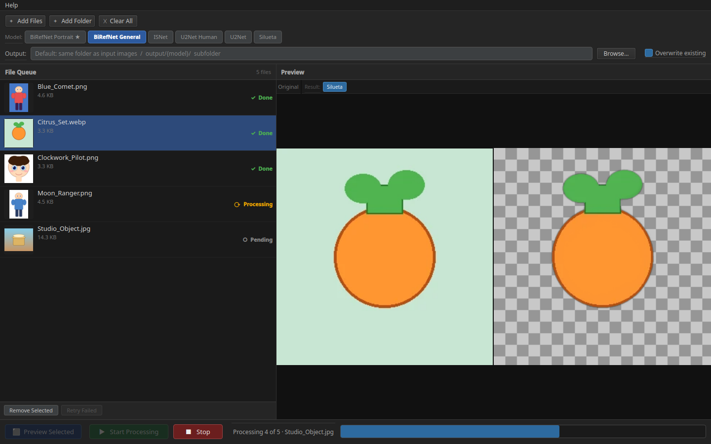BG Remover processing a queue of character sprites with transparent results appearing beside pending files