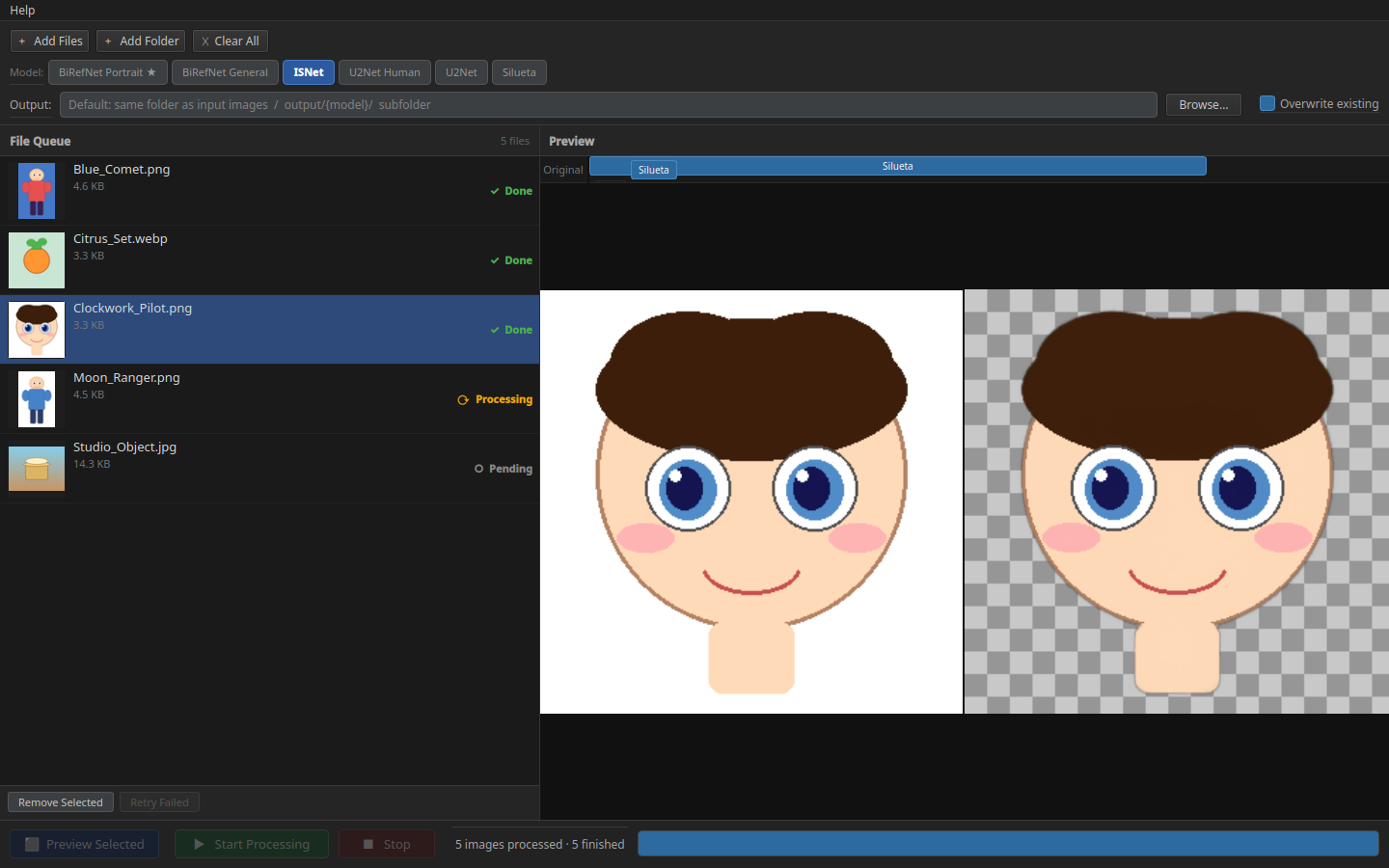 All six background-removal models available in the application