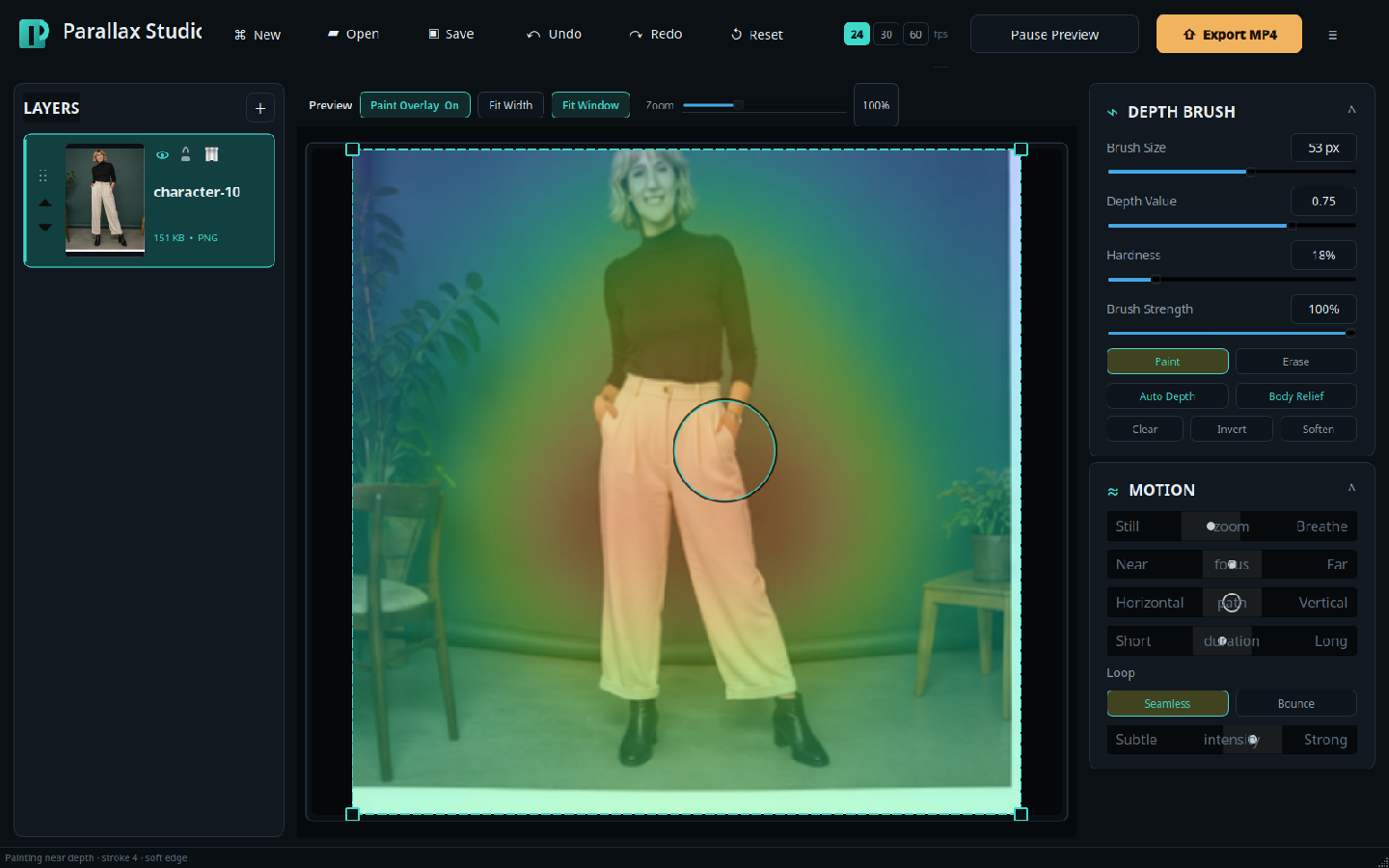 The depth brush painting over a blue, cyan and warm colour-ramped depth overlay