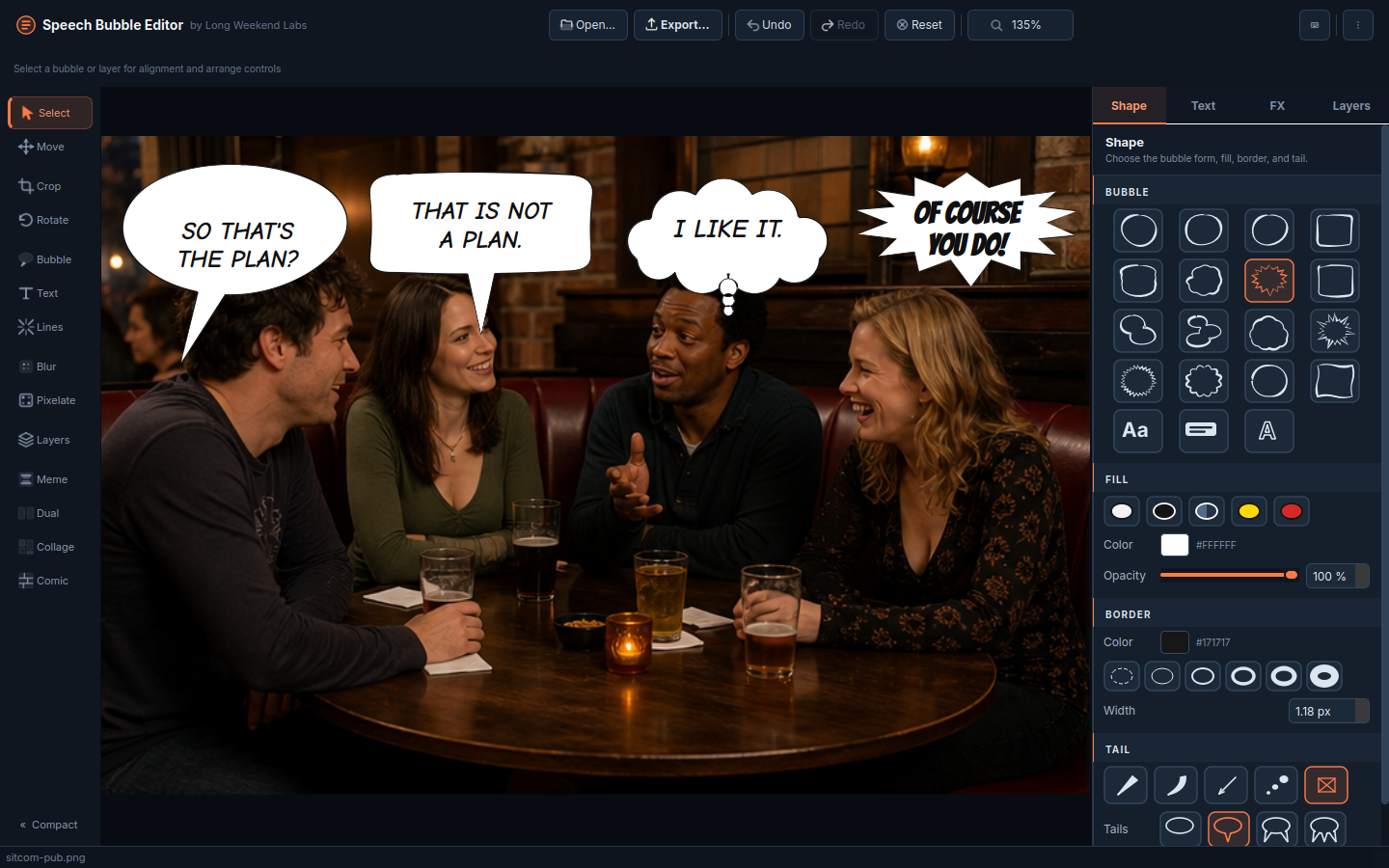 Speech Bubble Editor showing four friends in a pub with four different built-in bubble shapes
