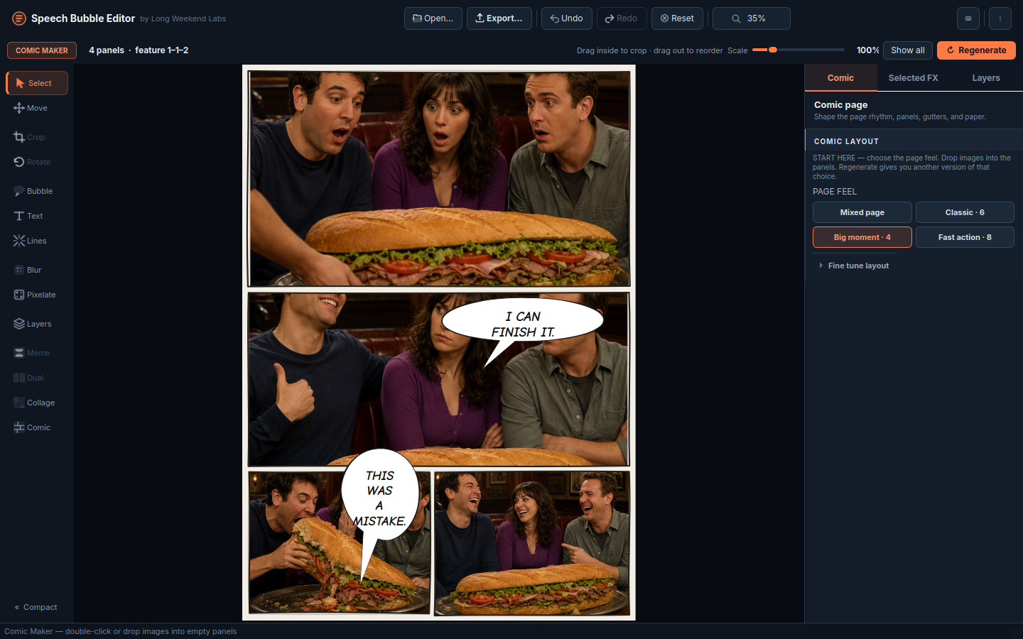 Comic Maker arranging a four-frame sitcom story about an enormous sandwich