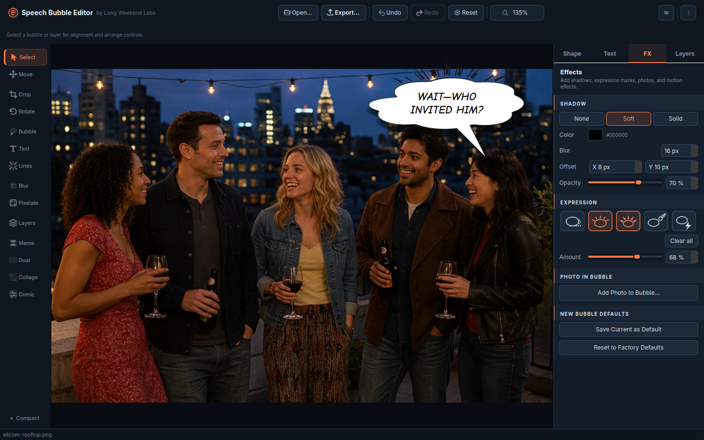A rooftop ensemble scene using a puffy bubble, shadow, and expression marks