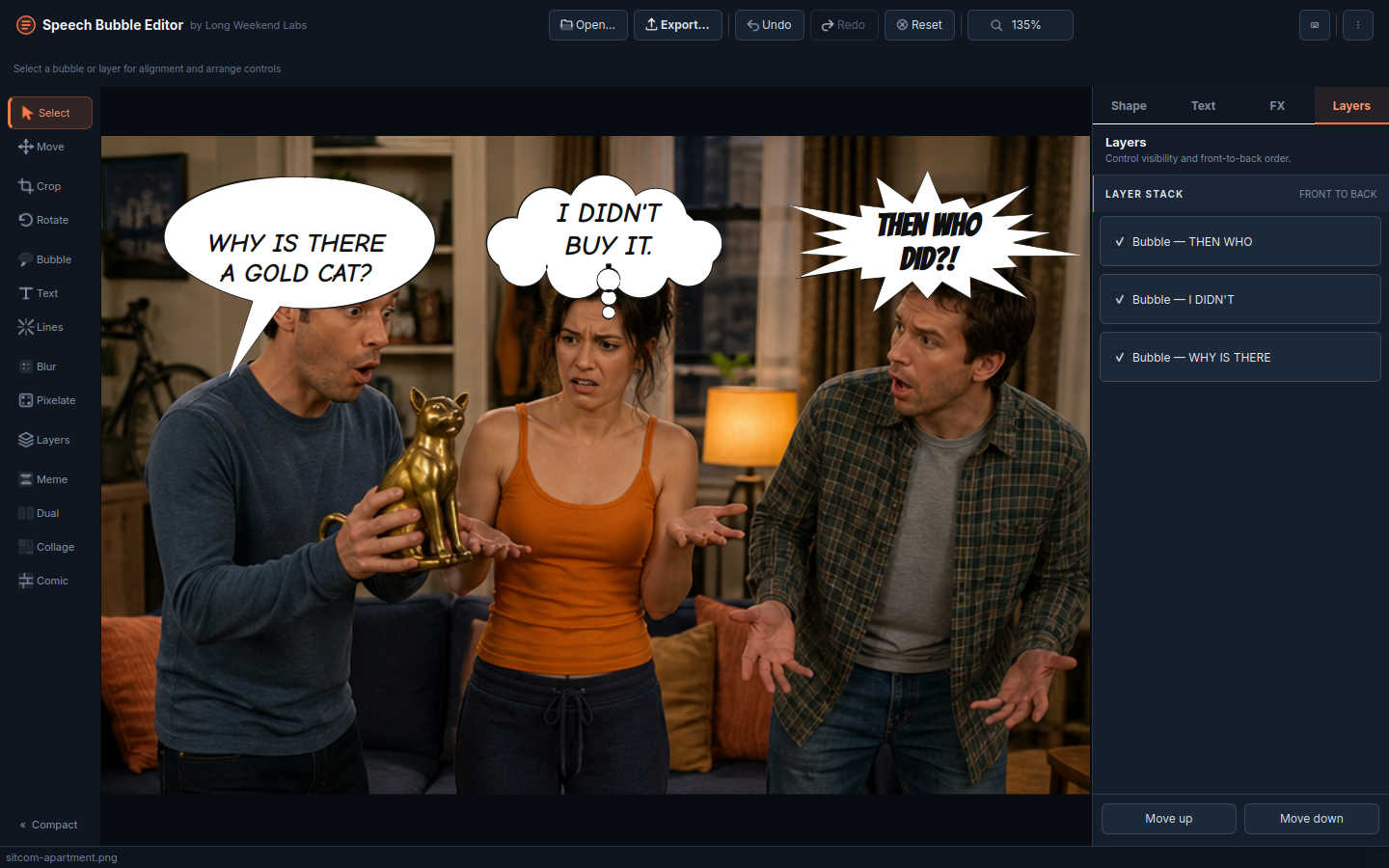 Three-person apartment scene with oval, cloud, and starburst bubbles listed in the Layers inspector