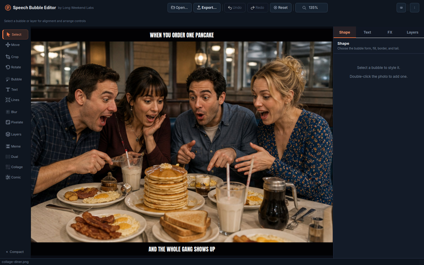 Meme mode adding top and bottom caption bars to a diner scene