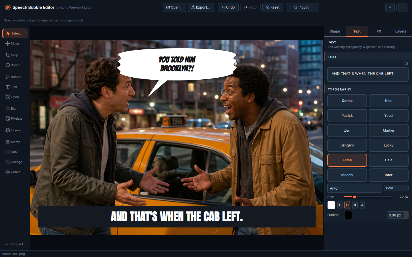 A taxi-side sitcom scene using a hand-drawn speech bubble and a bold caption bar