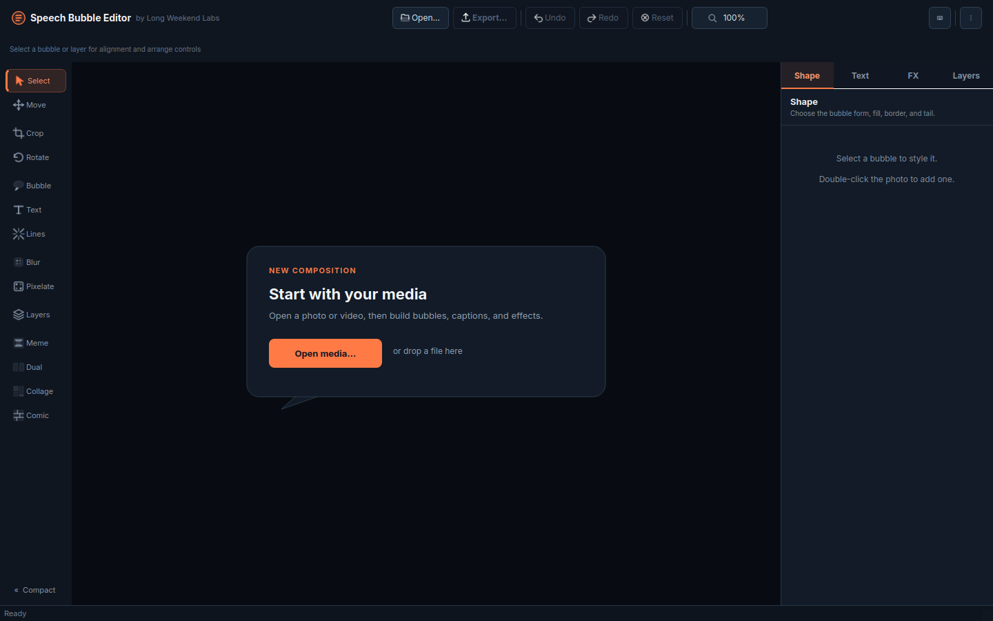 Speech Bubble Editor opening canvas with a clear prompt to open or drop media